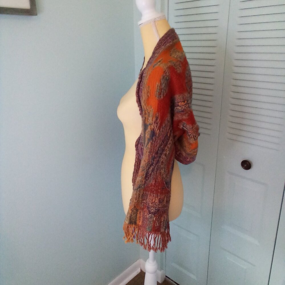 VTG PUTUMAYO 100% WOOL MADE IN INDIA PAISLEY BOHO SHAWL FRINGE ARM HOLES CRINKLE - Picture 5 of 8